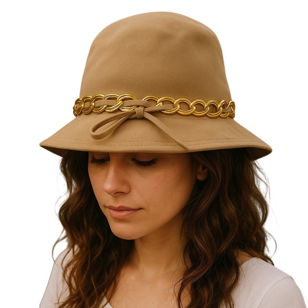 Vintage 1960s Miss Eileen Tan Wool Cloche Bucket Hat Gold Chain Trim